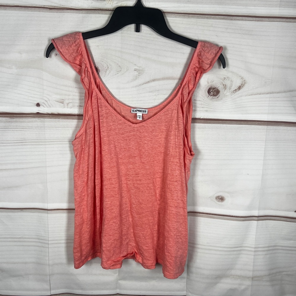 Express Ruffle Tank Top Womens Medium Orange Solid 100% Linen V-Neck Boho Casual